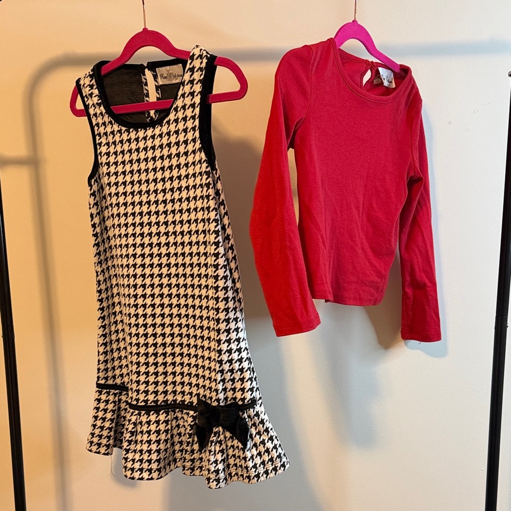 Rare Editions Black and White Houndstooth Dress with Red Top